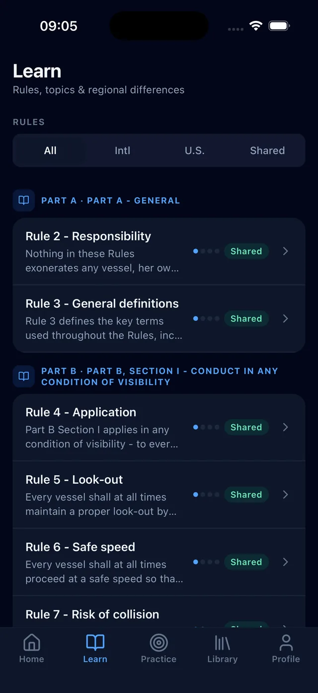The rule library listing COLREGS rules by part, with International, U.S. Inland and Shared filters