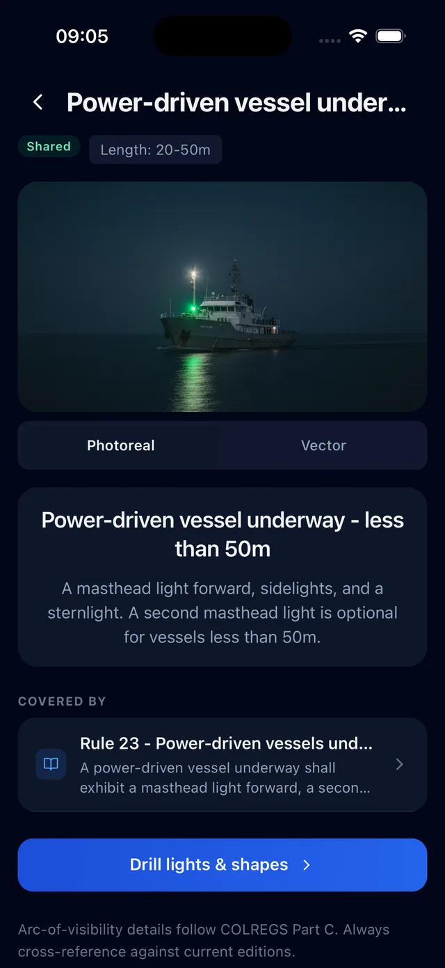 Reference page for a power-driven vessel underway at night, showing its lights with photoreal and vector views