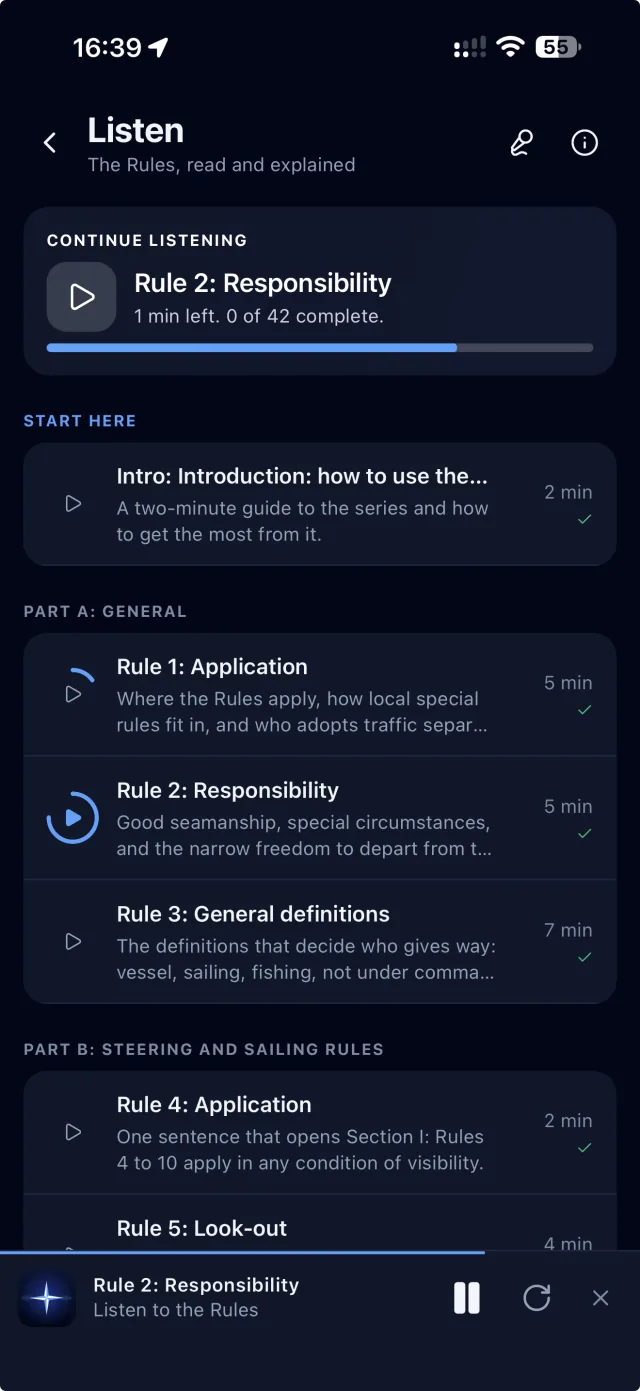 The Listen screen with a Continue listening card and episodes for each rule, grouped by part, with a mini player at the bottom