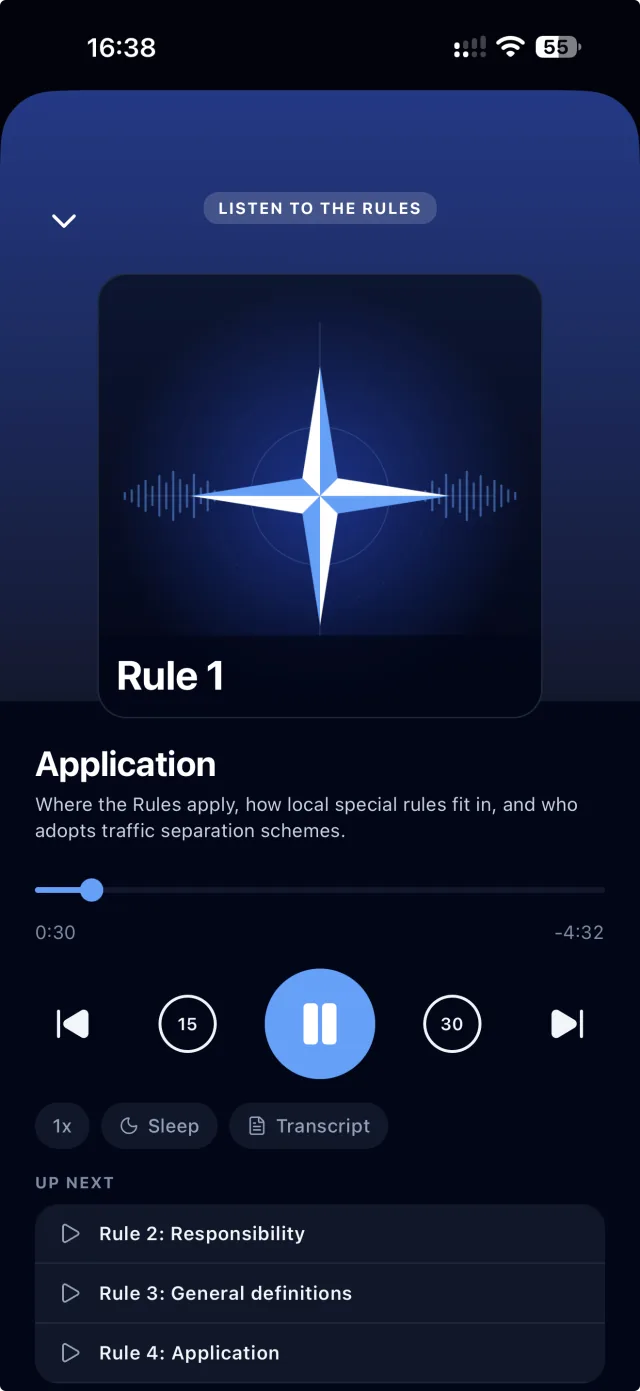 The audio player playing Rule 1, Application, with speed, sleep timer and transcript controls and the next rules up next