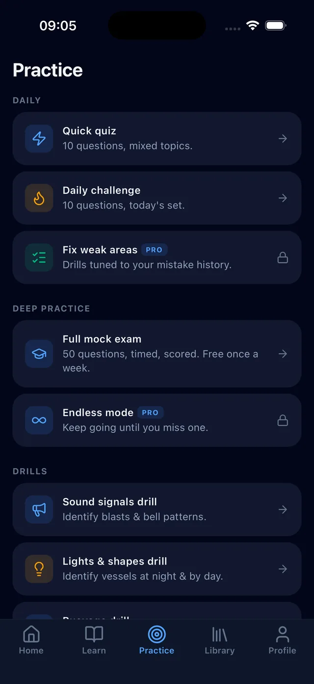 Practice screen with daily quizzes, a timed 50-question mock exam, and sound, lights and buoyage drills