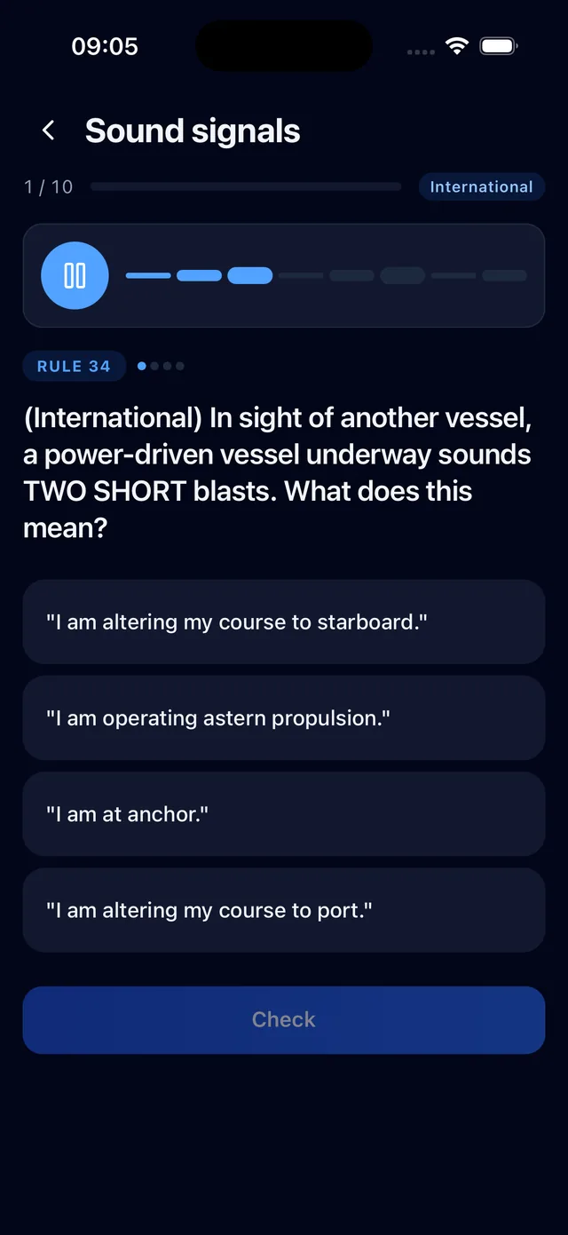 A sound-signal question playing two short blasts and asking what the signal means